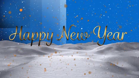 Animation-of-new-years-greetings-and-golden-dots-on-blue-background