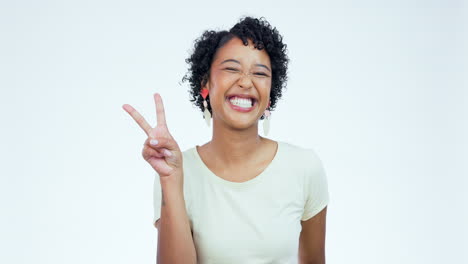 Face,-smile-and-woman-with-peace-sign