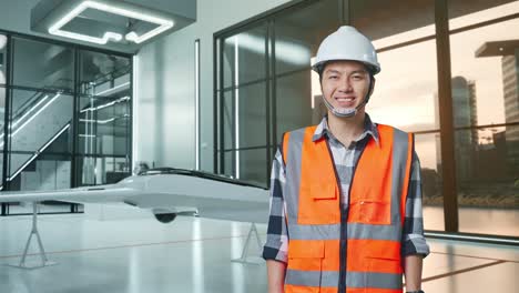 ingeniero masculino asiático con casco de seguridad sonriendo a la cámara mientras está de pie con el proyecto de drones