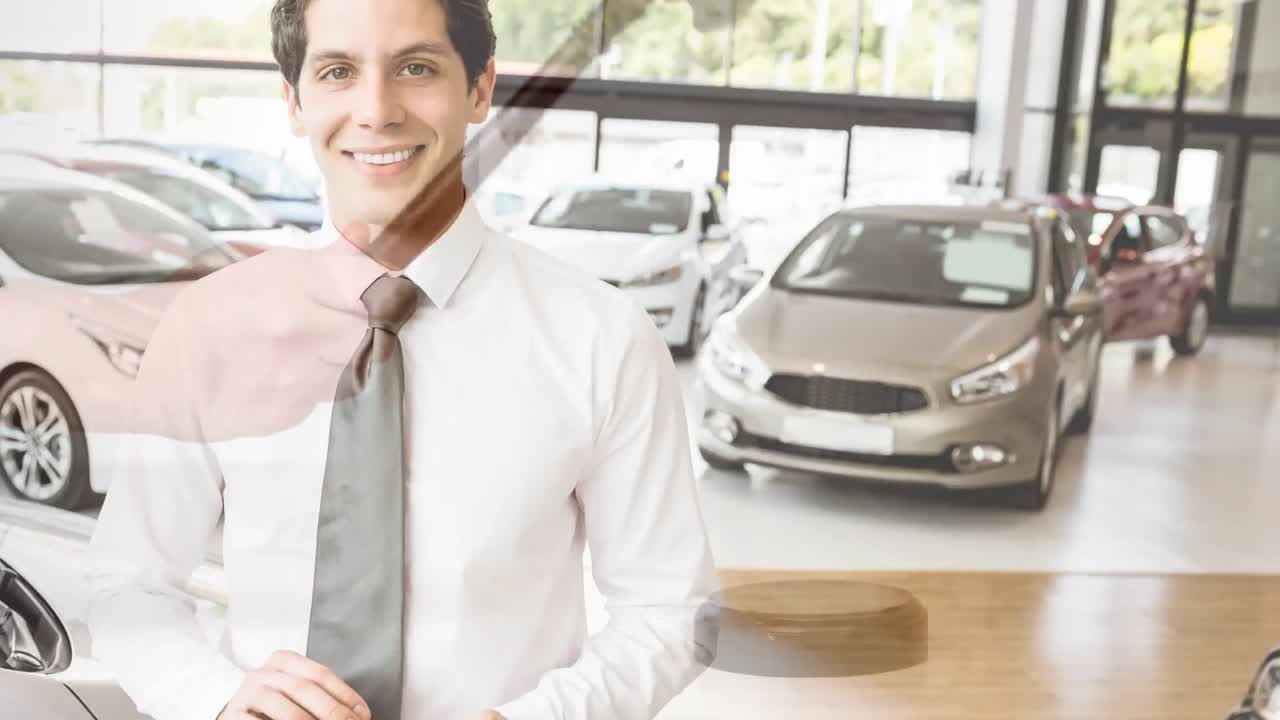 animación digital de un ejecutivo de pie en una sala de exposición de automóviles 4k