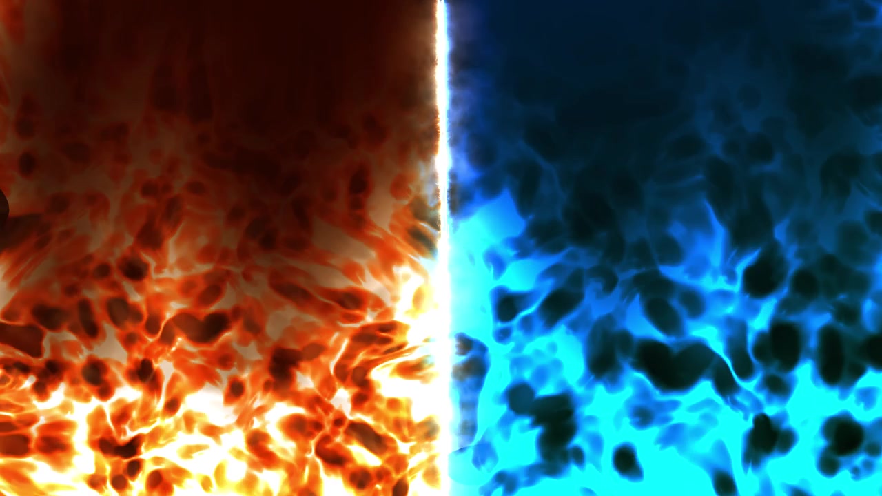 Sfondo energetico fuoco e ghiaccio con nuvole di fiamme rosse, fumo freddo blu e un centro luminoso diviso.