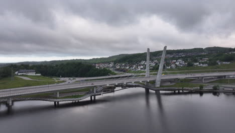 farrisbrua bridge against overcast sky in larvik, norway - drone shot