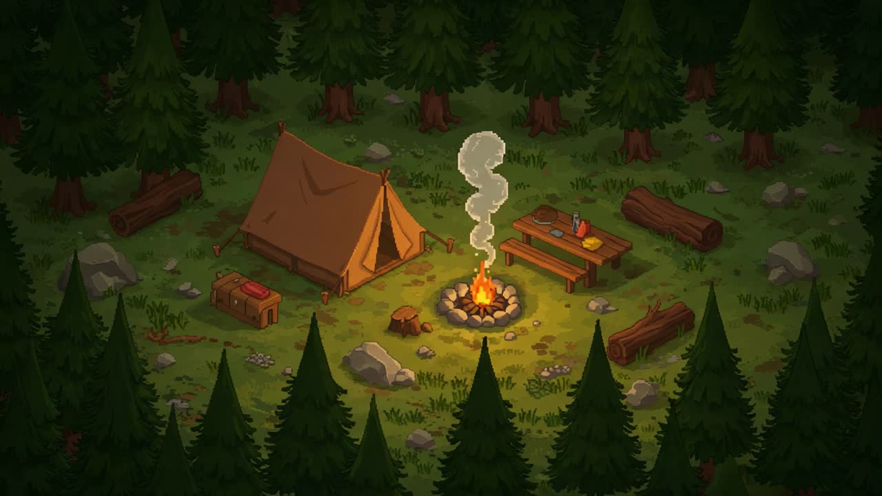 A Cozy Campsite Scene with a Warm Campfire, Surrounded by Lush Green Trees and a Tent in a Peaceful Natural Setting
