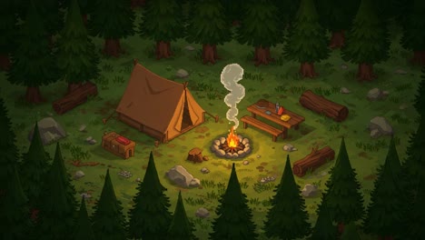 a cozy campsite scene with a warm campfire, surrounded by lush green trees and a tent in a peaceful natural setting