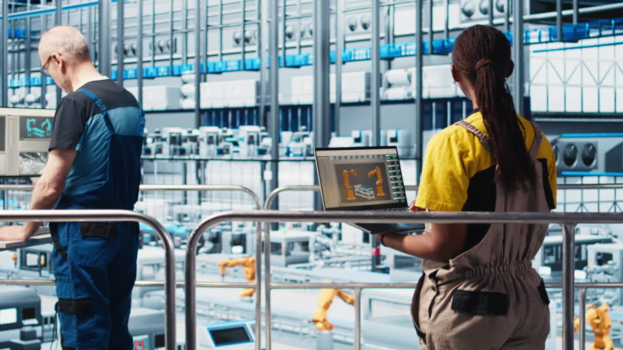 Technician in photovoltaics smart factory analyzing data using laptop