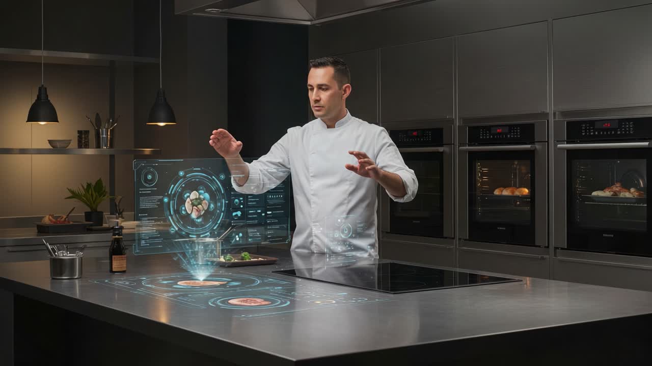 A Modern Chef's Culinary Experience with Interactive Technology and Smart Appliances in a Sleek Kitchen Environment