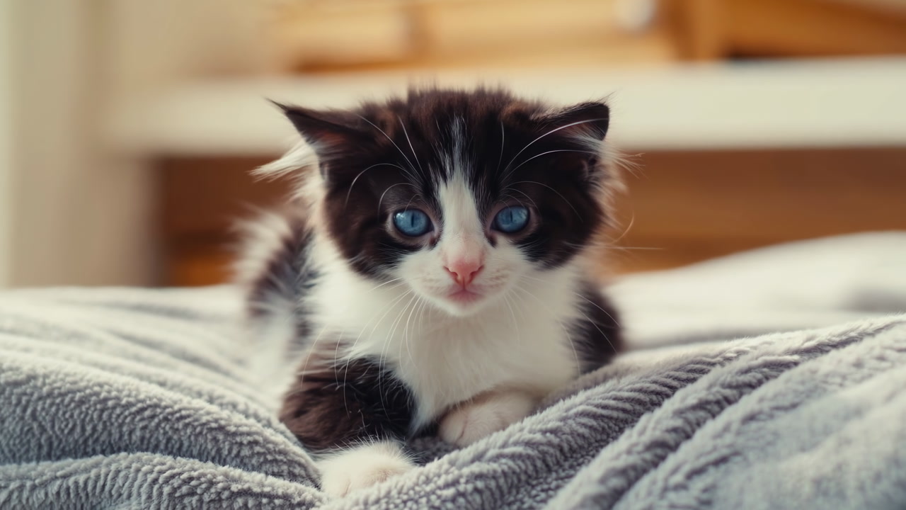 Cozy Bedroom Kitten On Gray Blanket, Blueeyed Tuxedo Kitten Gazing Into Camera, Soft Morning Light, Plush