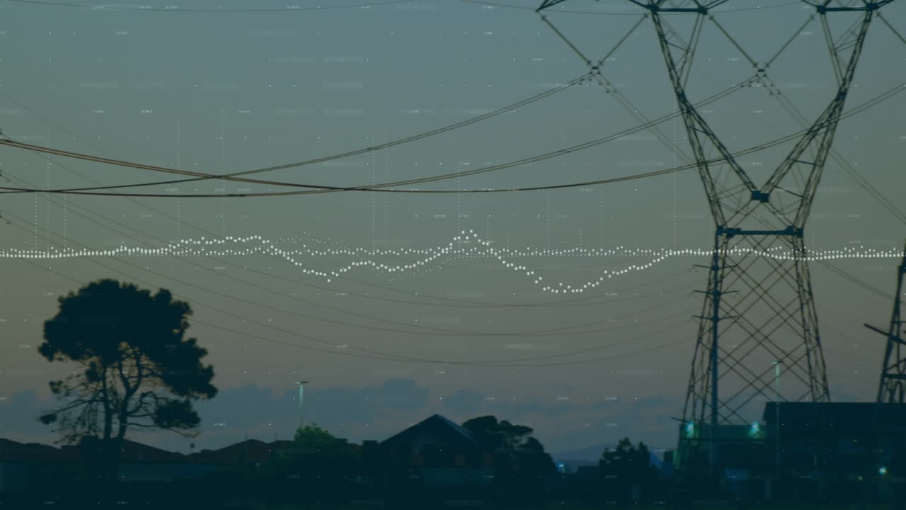 Electric transmission towers carrying high voltage lines crossing dusky sky, showing data waveform