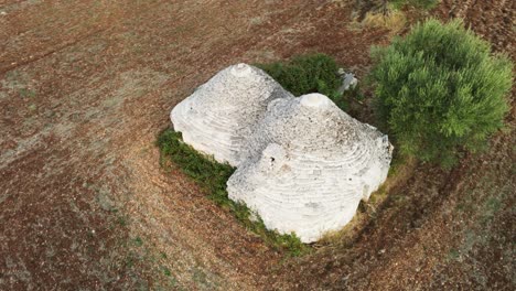 aerial view over traditional trulli stone unique buildings, in italy