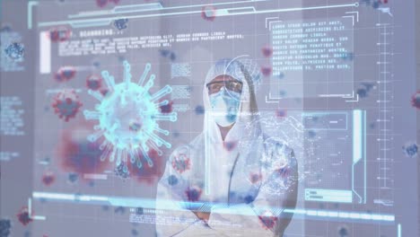 Animation-of-virus-cells-and-digital-interface-over-male-doctor-wearing-face-mask