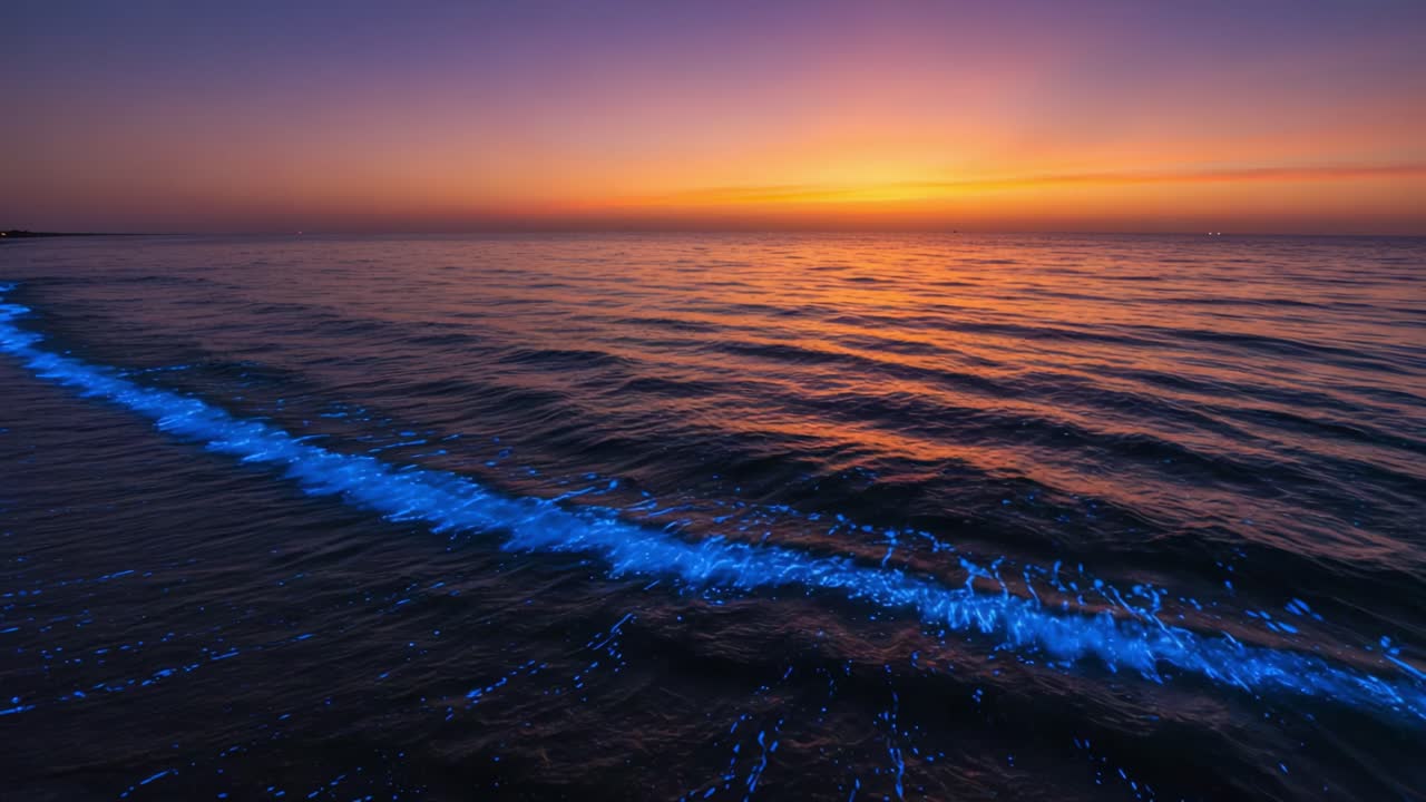 A Captivating Seascape at Dusk: Glowing Bioluminescent Waves Against a Stunning Twilight Sky Reflecting Vibrant Colors of Sunset over Tranquil Waters