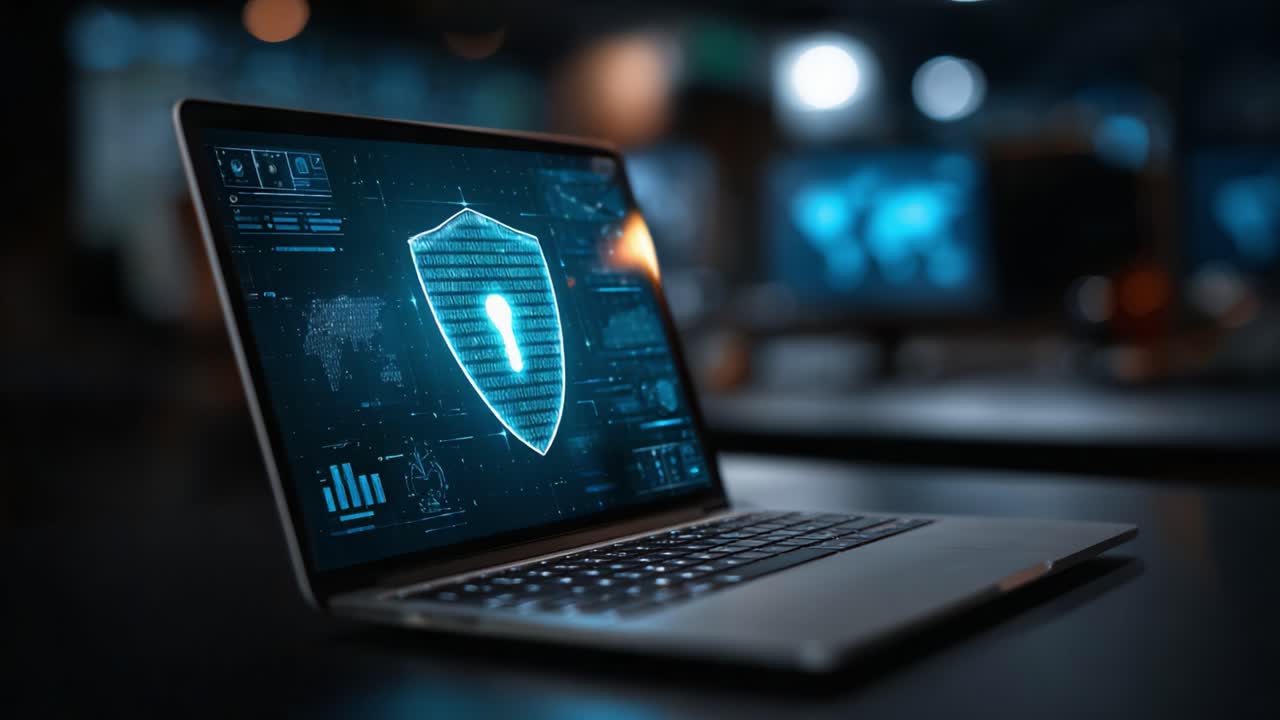 Digital Security Interface on Laptop Screen Featuring Shield Icon Representing Cyber Protection Strategies and Data Safety Enhancement in a Modern Workspace