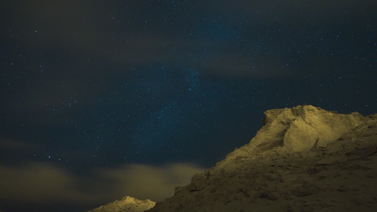increíble lapso de tiempo de rastro de estrellas en movimiento y vía láctea en el cielo azul por la noche en el desierto con montaña
