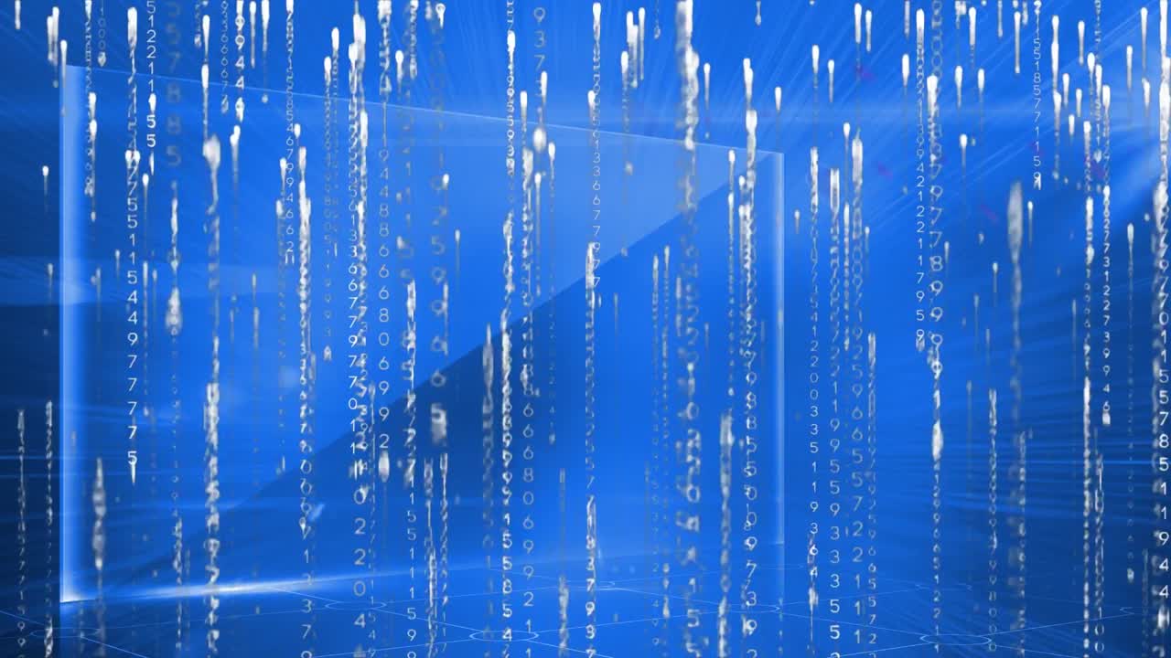 파란색 배경에 떨어지는 빛의 흔적에 대한 바이너리 코딩 데이터 처리의 디지털 애니메이션