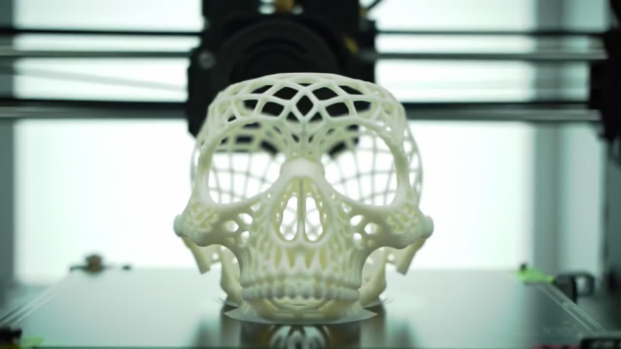 A detailed skull model is being created using a 3D printer in a workshop. The printer operates smoothly, layering material to form an intricate design. The setup includes various tools and equipment.