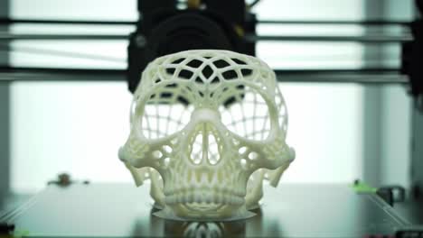 a detailed skull model is being created using a 3d printer in a workshop. the printer operates smoothly, layering material to form an intricate design. the setup includes various tools and equipment.