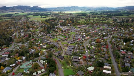 beautiful aerial birds eye view of hanmer springs village and mountain scenery of new zealand