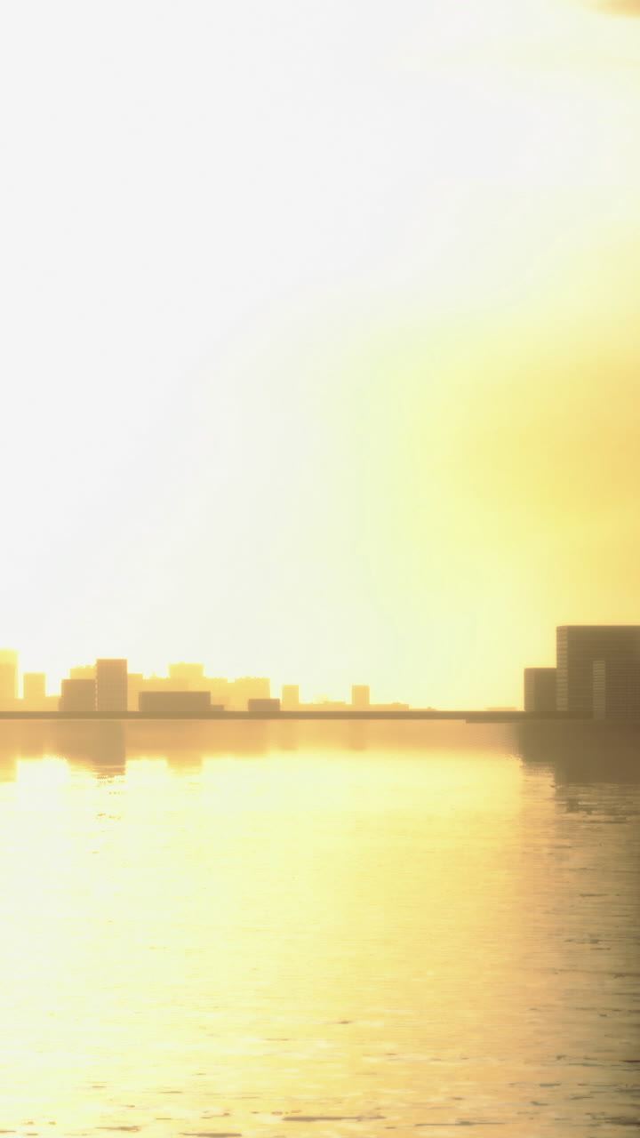 Nascer do sol sobre o horizonte da cidade refletindo na água calma durante as horas da manhã