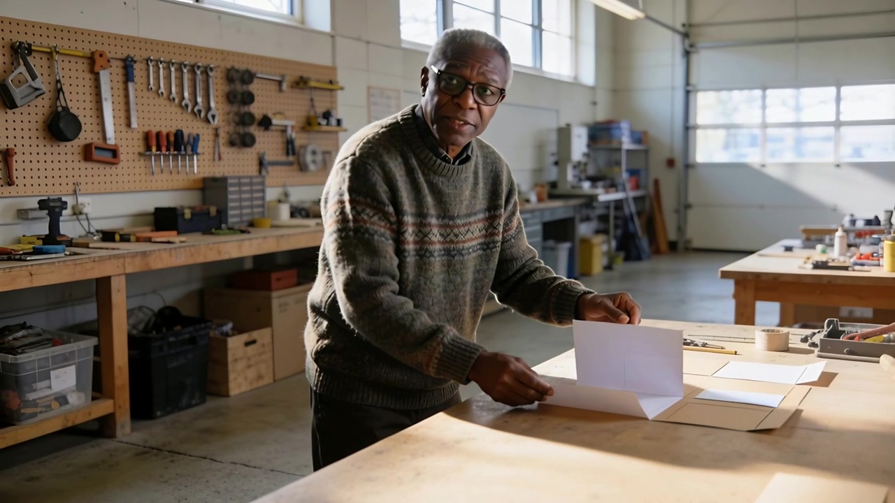 Senior Man Working on Paper Project in Woodworking Workshop