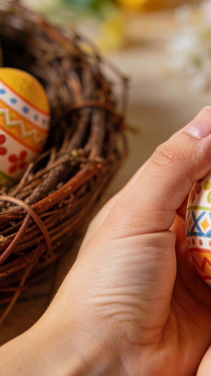 Vertical video: Entering right hand placing Easter egg into twig nest on home table, copy space