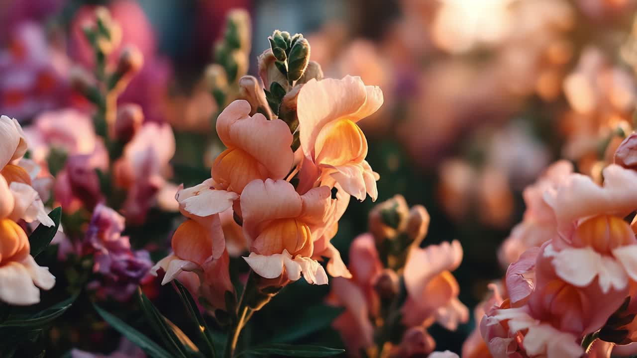 Una splendida esposizione di bocche di leone in fiore, che mette in mostra i loro delicati petali e colori radiosi in un lussureggiante giardino immortalata al tramonto