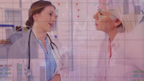Animation-of-arrows-and-graphs-over-caucasian-female-doctor-and-senior-patient