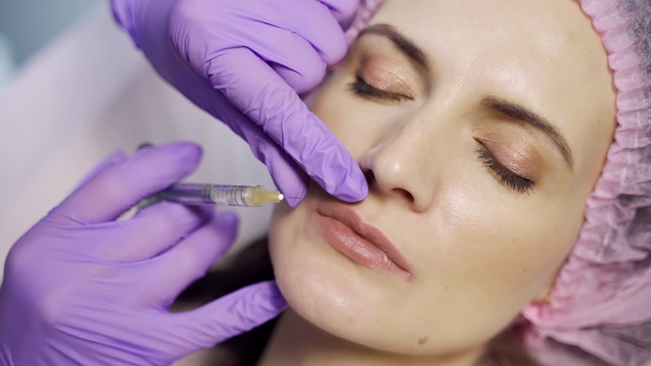An aesthetic medicine doctor makes Botox to the client's lips. Beauty injections. Cosmetology. Close-up.