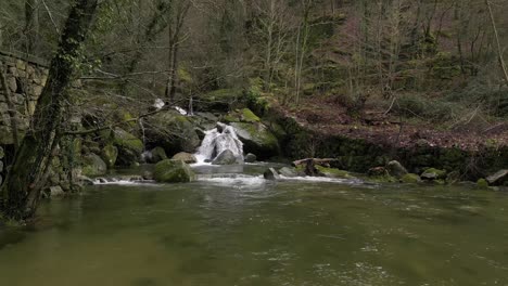 Aerial-fly-over-River-and-Waterfall-in-Portugal