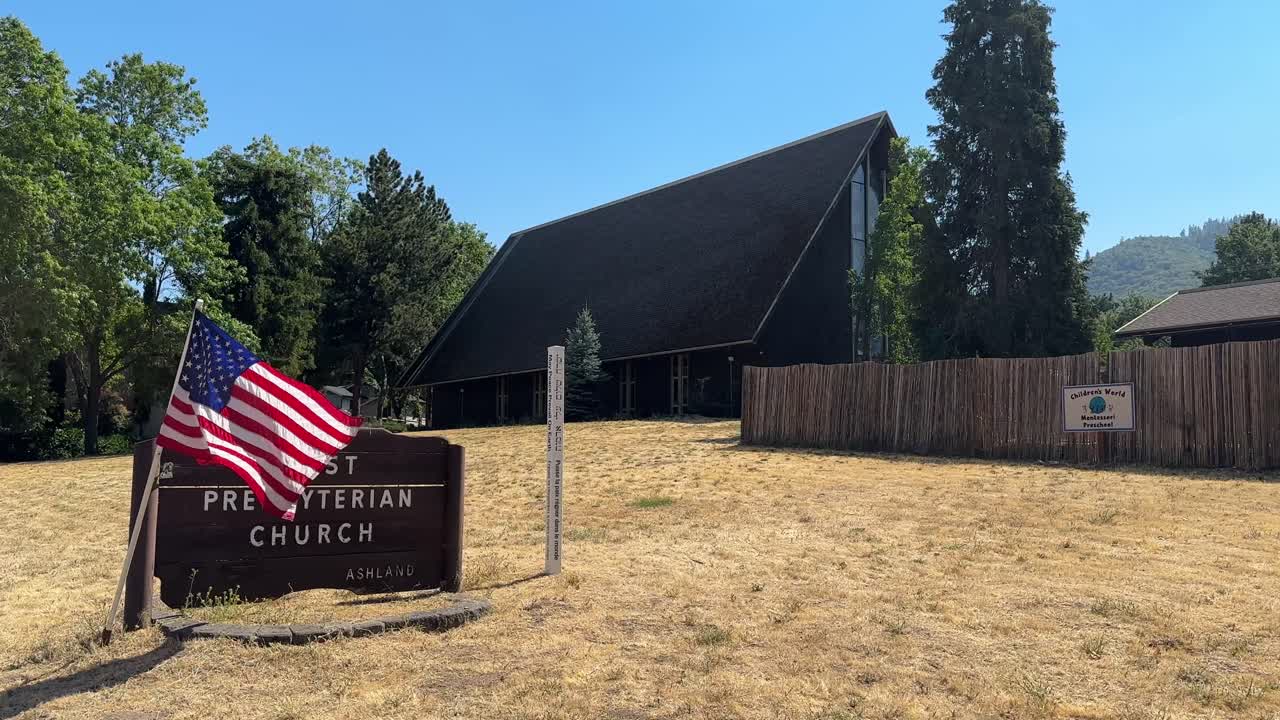 Presbyterian church in Ashland, Oregon, sunny day, peaceful atmosphere