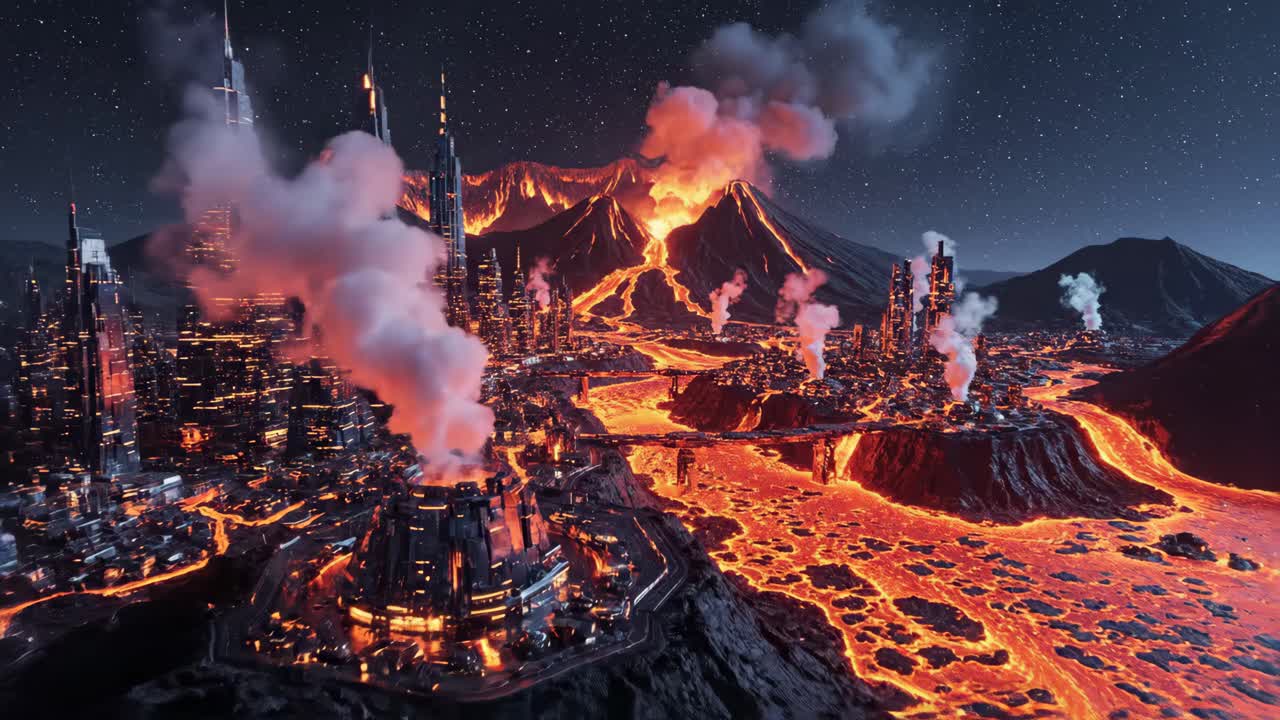 Futuristic Cityscape with Lava Flow