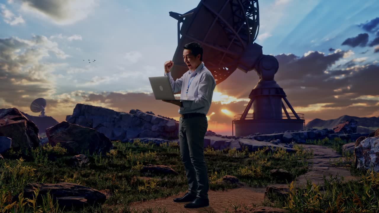 Full Body Side View Of An Asian Male Professional Worker Standing With His Laptop With Large Satellite Dish, He Raises His Fist Up With Screaming Goal After Typed On The Laptop