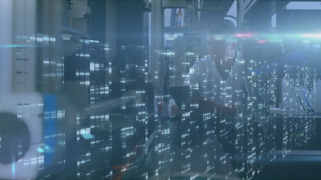 Animation of data processing over male scientist with robot and tablet