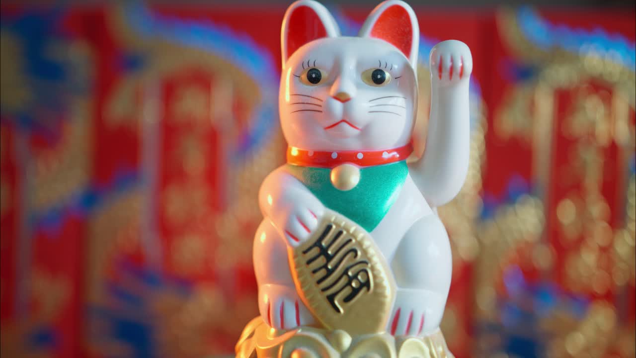 Traditionell Maneki-Neko lyckokattfigur som vinkar med tassen.