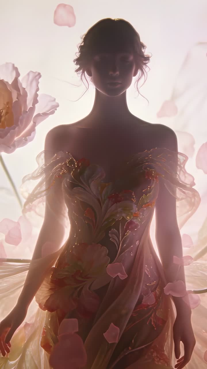 Vertical video: Revealing model's face by backlight in studio, ornate floral gown, petals drifting