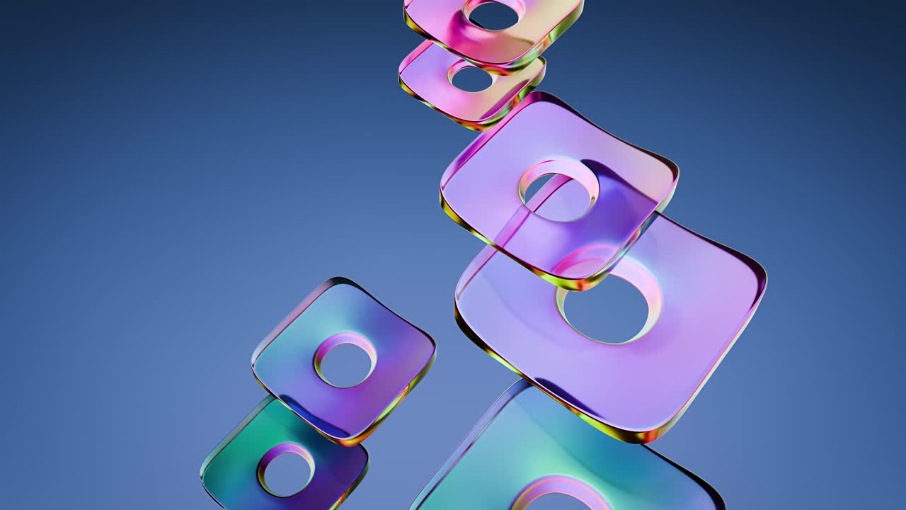 Floating Iridescent Geometric Shapes on Blue Background
