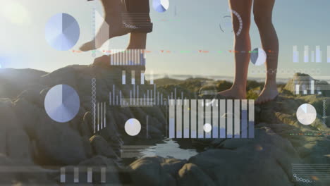 data visualization animation over people walking barefoot on rocky terrain