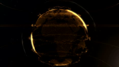 abstract particle. golden, orange planet inside the veilted loop, created of dots. total black dackdrop. croped sphere. little white dots on the background. moving blicks. 4k.