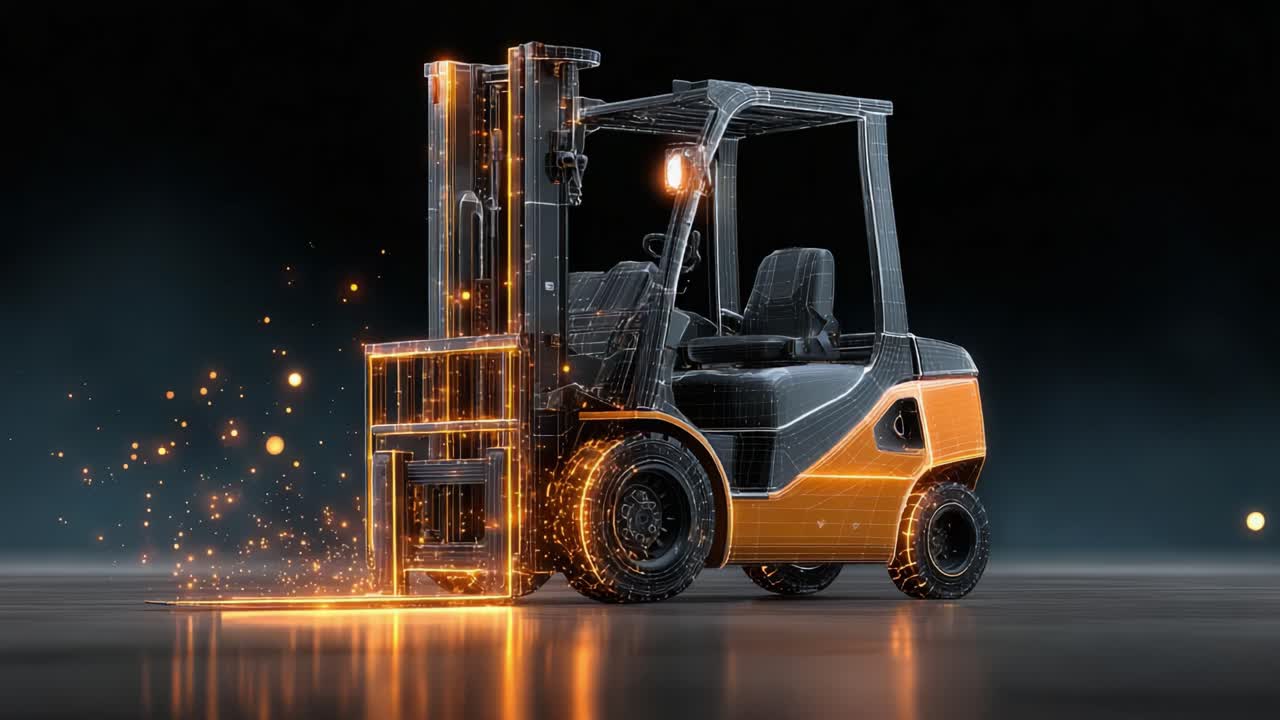 Una visualizzazione vivida di un carrello elevatore ad alta tecnologia con elementi luminosi, che potenzia agevolmente il futuro della movimentazione dei materiali e della tecnologia di gestione del magazzino.