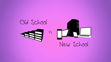 Animation-of-old-school-vs-new-school-text-and-digital-icons-on-pink-background