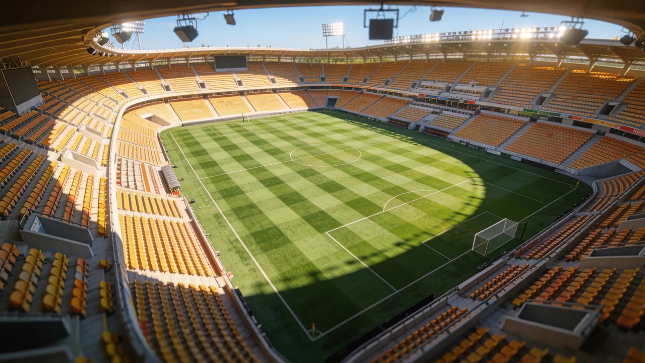 Telecamera in panoramica che si muove verso il basso mostrando la porta vicina e il campo a strisce pronto per la partita nello stadio a catino.