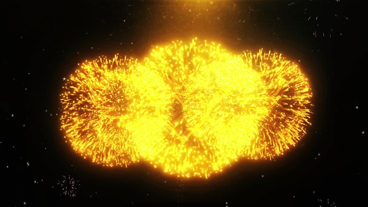 Golden Heart with Wings and Crown, Fireworks Background