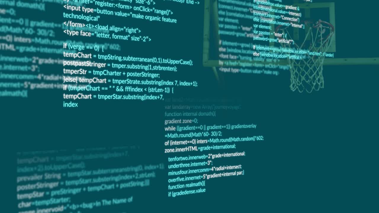 Players running into view and jumping under hoop while code overlay intensifying showing technology