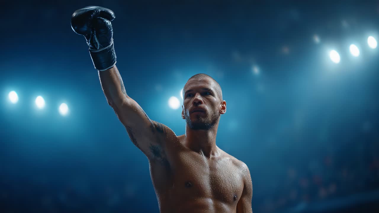 A victorious boxer celebrates his triumph in the ring, showcasing determination and strength under the bright arena lights, embodying the spirit of sportsmanship and resilience