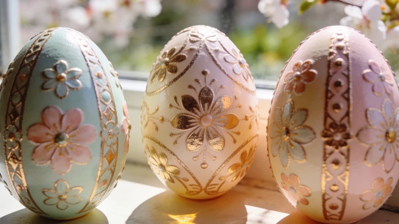 Three pastel eggs gold-detailed on windowsill, lens pulling and sunlight moving, highlighting decor