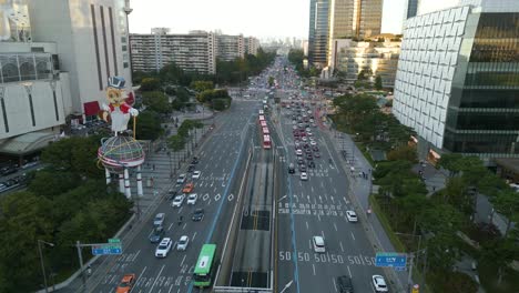 drone shot during rush hour near lotte world tower at sunset, seoul, south korea