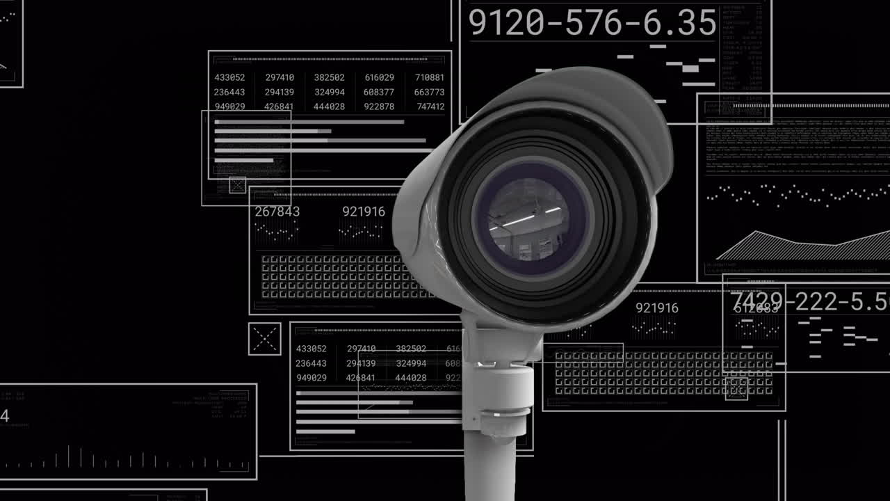animación de procesamiento de datos y cámara de seguridad sobre fondo negro