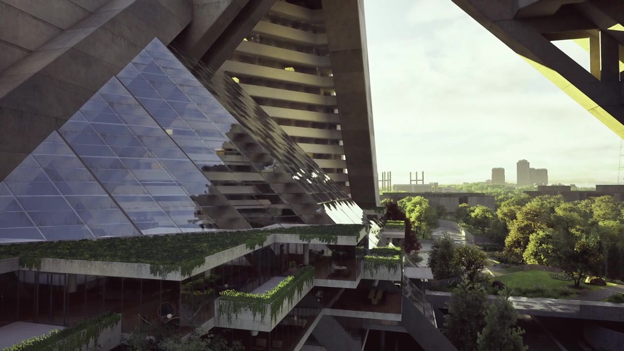 Espacio matutino tranquilo con escalones verdes y detalles arquitectónicos sostenibles