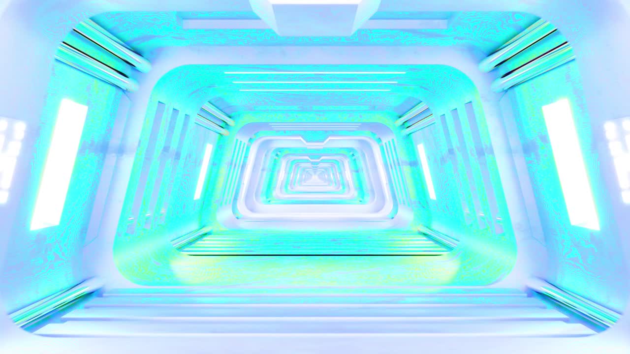 3D render of futuristic spaceship with color lights corridor