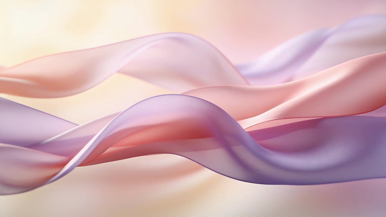 Séquence commençant par des rubans translucides ondulant sur un dégradé pastel, créant des mélanges de couleurs.