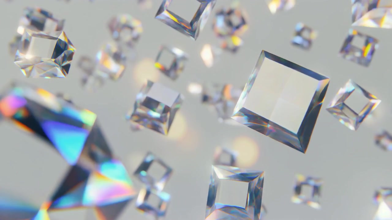 Cubi di vetro trasparente galleggianti con effetti di rifrazione della luce